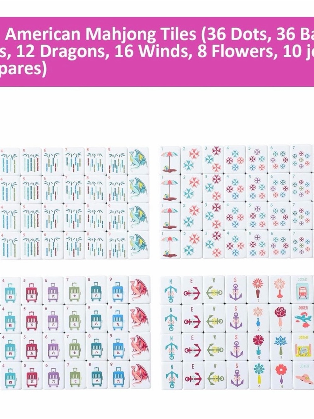 American Mahjong Tile Set - White Tiles with Multicolor Travel theme - Picture 8 of 9